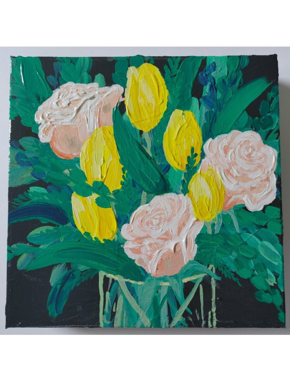 8x8 original painting canvas abstract flowers green pink yellow Valentine's love